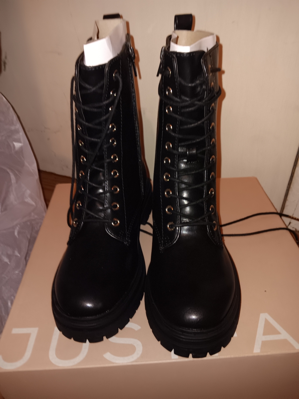 JustFab Black Lace-Up Moto Combat Boots
